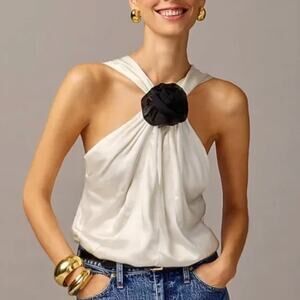NEW J. Crew Collection Halter Top Rosette Crepe Ivory Satin Blouse Size Small